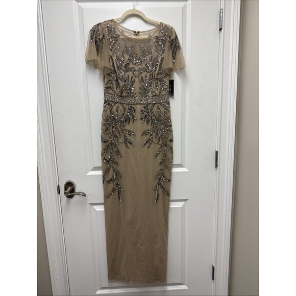 Papell Studio Size 6 Beige Formal Sequin Beaded Formal Dress Cocktail Gown NWT - Picture 4 of 16